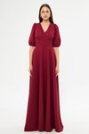Bordo Uzun Balon Kol Korsaj Kemer Detaylı Abiye Elbise