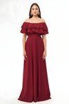 Bordo Uzun Kloş Düşük Omuz Fırfır Detaylı Abiye Elbise
