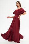 Bordo Uzun Kloş Düşük Omuz Fırfır Detaylı Abiye Elbise