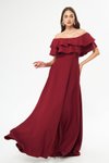 Bordo Uzun Kloş Düşük Omuz Fırfır Detaylı Abiye Elbise