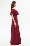 Bordo Uzun Kloş Düşük Omuz Fırfır Detaylı Abiye Elbise