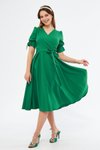 Çimen Yeşili Midi Kruvaze Yaka Büzgülü Elbise