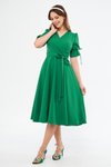 Çimen Yeşili Midi Kruvaze Yaka Büzgülü Elbise