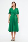 Çimen Yeşili Midi Kruvaze Yaka Büzgülü Elbise
