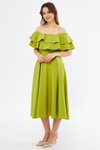 Fıstık Yeşili Midi Dökümlü Fırfır Yaka Düşük Omuz Abiye Elbise