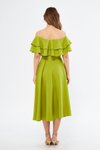 Fıstık Yeşili Midi Dökümlü Fırfır Yaka Düşük Omuz Abiye Elbise