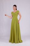Fıstık Yeşili Uzun Kayık Yaka Abiye Elbise