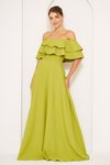 Fıstık Yeşili Uzun Kloş Düşük Omuz Fırfır Yaka Detaylı Abiye Elbise