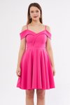 Fuşya Mini Pileli Kloş Askılı Kayık Yaka Abiye Elbise