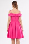 Fuşya Mini Pileli Kloş Askılı Kayık Yaka Abiye Elbise