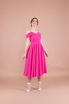 Fuşya Pileli Midi Askılı Düşük Omuz Abiye Elbise