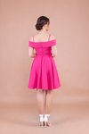 Fuşya Pileli Mini Askılı Düşük Omuz Abiye Elbise