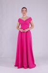 Fuşya Uzun Kayık Yaka Abiye Elbise