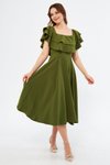 Haki Midi Dökümlü Fırfır Yaka Abiye Elbise