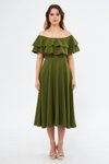 Haki Midi Dökümlü Fırfır Yaka Abiye Elbise