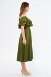 Haki Midi Dökümlü Fırfır Yaka Abiye Elbise