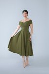 Haki Midi Kayık Yaka Kloş Abiye Elbise