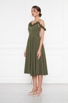 Haki Midi Pileli Kloş Fırfır Detaylı Abiye Elbise