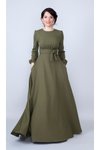 Haki Yuvarlak Yaka Uzun Kol Kuşaklı Cepli Tesettür Abiye Elbise