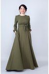 Haki Yuvarlak Yaka Uzun Kol Kuşaklı Cepli Tesettür Abiye Elbise