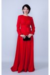 Kırmızı Beli Büzgülü Kuşaklı Cepli Tesettür Abiye Elbise