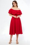 Kırmızı Dokuma Midi Düşük Omuz Dökümlü Fırfır Yaka Elbise