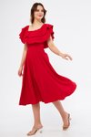 Kırmızı Dokuma Midi Düşük Omuz Dökümlü Fırfır Yaka Elbise
