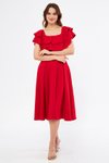 Kırmızı Dokuma Midi Düşük Omuz Dökümlü Fırfır Yaka Elbise