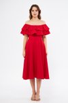 Kırmızı Dokuma Midi Düşük Omuz Dökümlü Fırfır Yaka Elbise