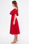 Kırmızı Dokuma Midi Düşük Omuz Dökümlü Fırfır Yaka Elbise
