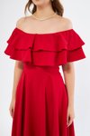 Kırmızı Dokuma Midi Düşük Omuz Dökümlü Fırfır Yaka Elbise