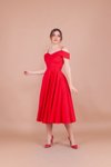 Kırmızı Midi Askılı Düşük Omuz Pileli Abiye Elbise
