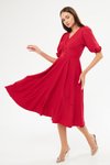 Kırmızı Midi Balon Kol V Yaka Korsaj Kemer Detaylı Abiye Elbise