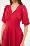 Kırmızı Midi Balon Kol V Yaka Korsaj Kemer Detaylı Abiye Elbise