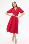 Kırmızı Midi Balon Kol V Yaka Korsaj Kemer Detaylı Abiye Elbise