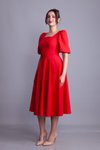 Kırmızı Midi Kare Yaka Balon Kol Abiye Elbise