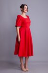 Kırmızı Midi Kare Yaka Balon Kol Abiye Elbise