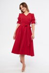 Kırmızı Midi Kruvaze Yaka Büzgülü Kuşaklı Abiye Elbise