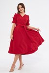 Kırmızı Midi Kruvaze Yaka Büzgülü Kuşaklı Abiye Elbise