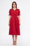 Kırmızı Midi Kruvaze Yaka Büzgülü Kuşaklı Abiye Elbise