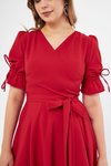 Kırmızı Midi Kruvaze Yaka Büzgülü Kuşaklı Abiye Elbise