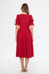 Kırmızı Midi Kruvaze Yaka Büzgülü Kuşaklı Abiye Elbise