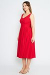 Kırmızı Midi Pileli Kloş V Yaka Sırtı Fiyonklu Abiye Elbise