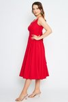 Kırmızı Midi Pileli Kloş V Yaka Sırtı Fiyonklu Abiye Elbise