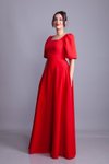 Kırmızı Uzun Kare Yaka Balon Kol Abiye Elbise