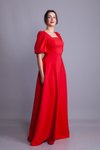 Kırmızı Uzun Kare Yaka Balon Kol Abiye Elbise