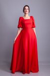 Kırmızı Uzun Kare Yaka Balon Kol Abiye Elbise