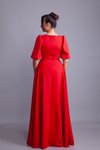 Kırmızı Uzun Kare Yaka Balon Kol Abiye Elbise