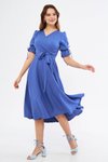 Kot Mavi Midi Kruvaze Yaka Büzgülü Abiye Elbise