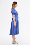 Kot Mavi Midi Kruvaze Yaka Büzgülü Abiye Elbise